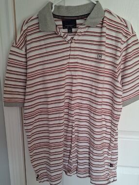 Phat Farm White Polo with Red Stripes and Gray Trim
